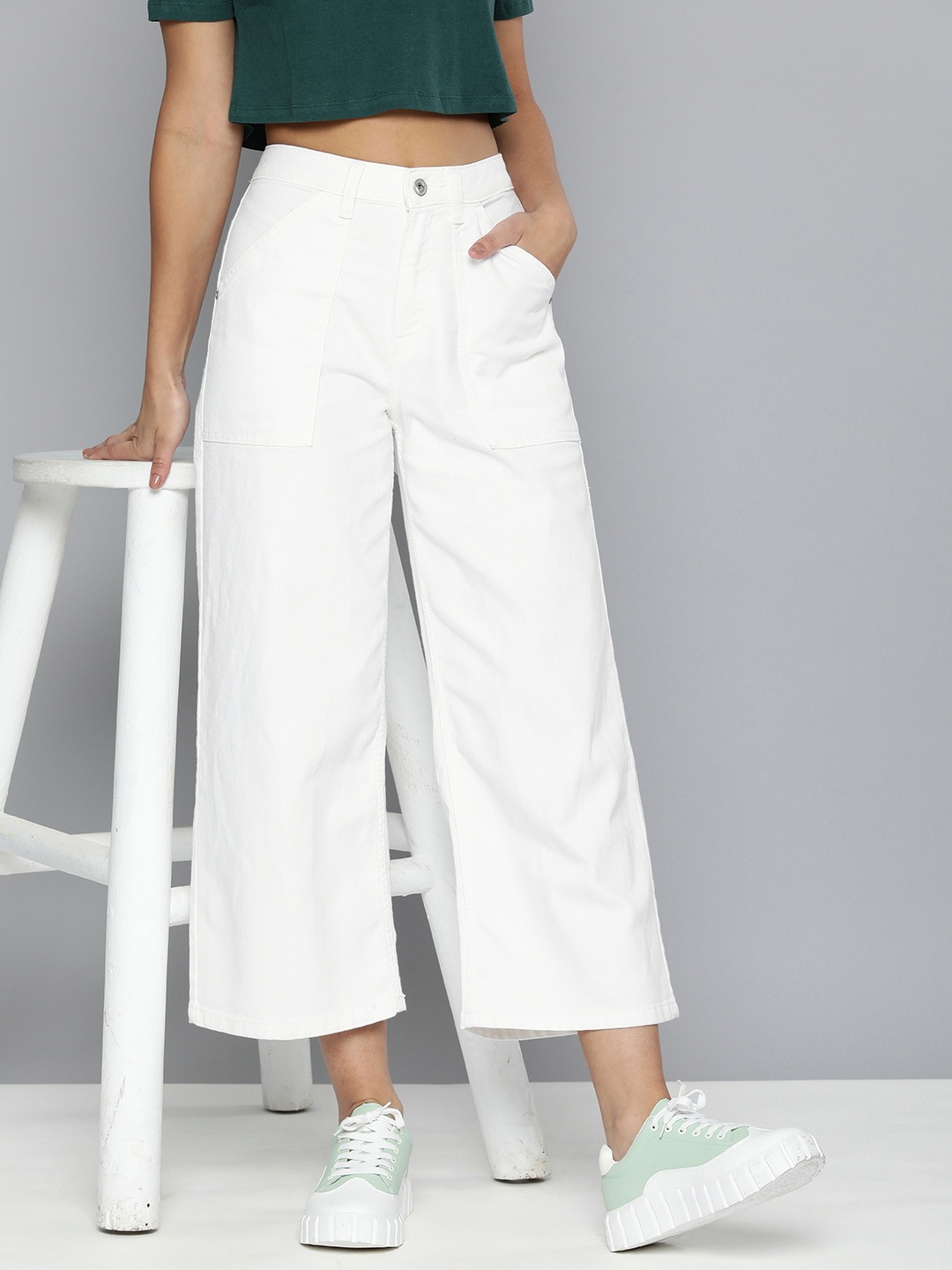 

Flying Machine Women White Wide Leg High-Rise Stretchable Jeans