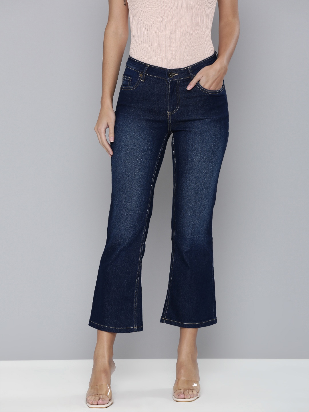 

Flying Machine Women Navy Blue Flared Mid-Rise Light Fade Stretchable Jeans