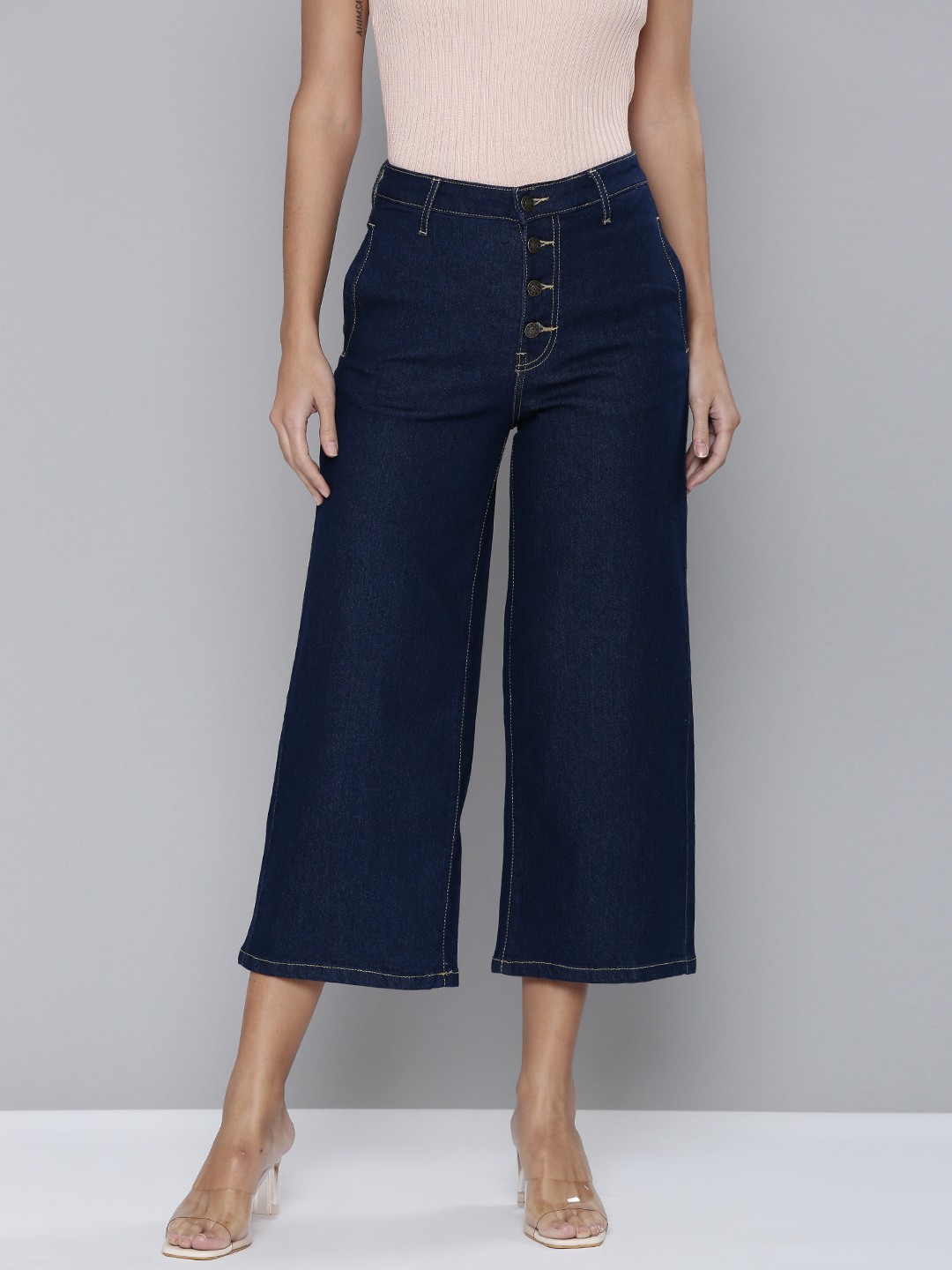 

Flying Machine Women Blue Wide Leg High-Rise Stretchable Cropped Jeans