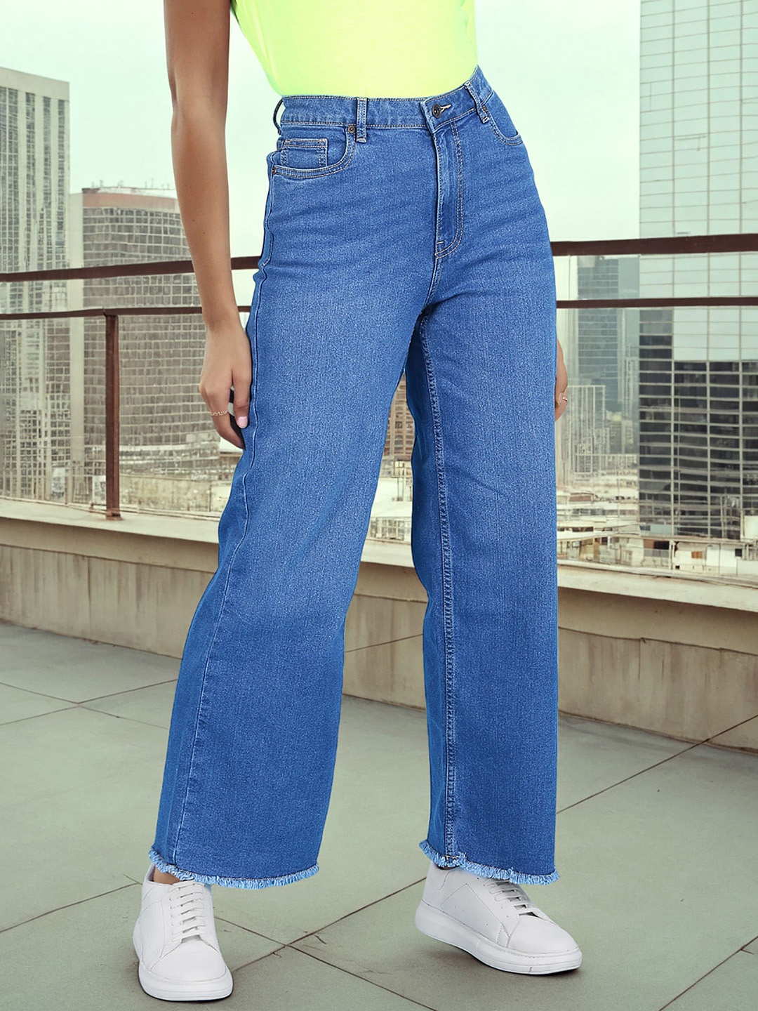 

Flying Machine Women Blue Wide Leg High-Rise Light Fade Frayed Denim Stretchable Jeans