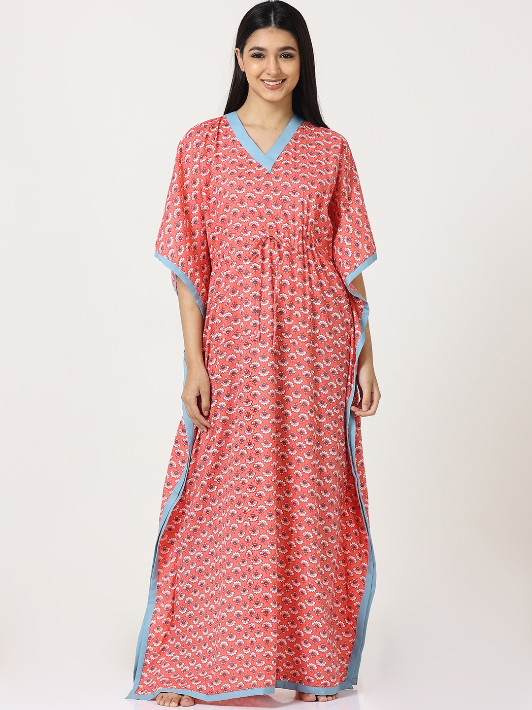 

9shines Label Women Orange Floral Printed Pure Cotton Kaftan Maxi Nightdress