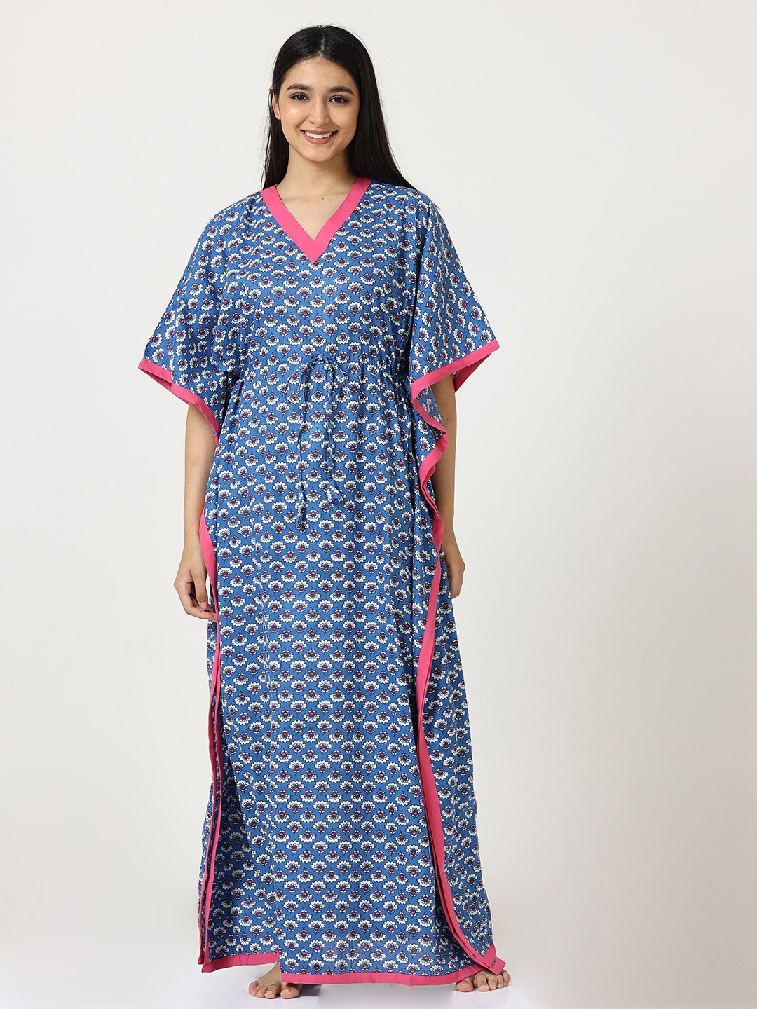 

9shines Label Women Blue Floral Printed Pure Cotton Kaftan Maxi Nightdress