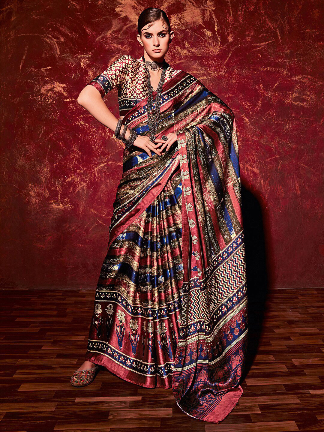 

Saree mall Beige & Blue Striped Satin Leheriya Sarees