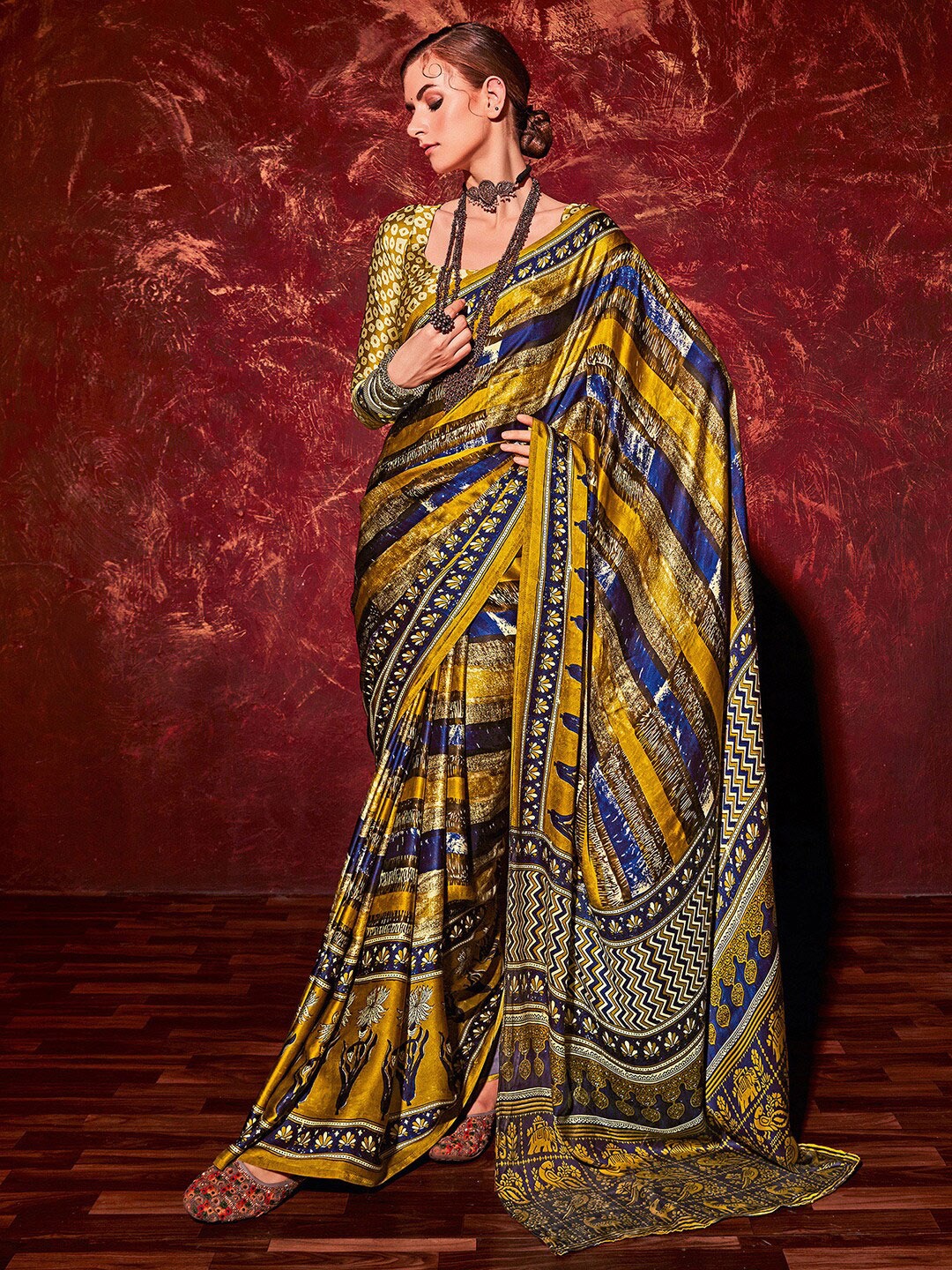 

Saree mall Mustard & Blue Striped Satin Block Print Saree