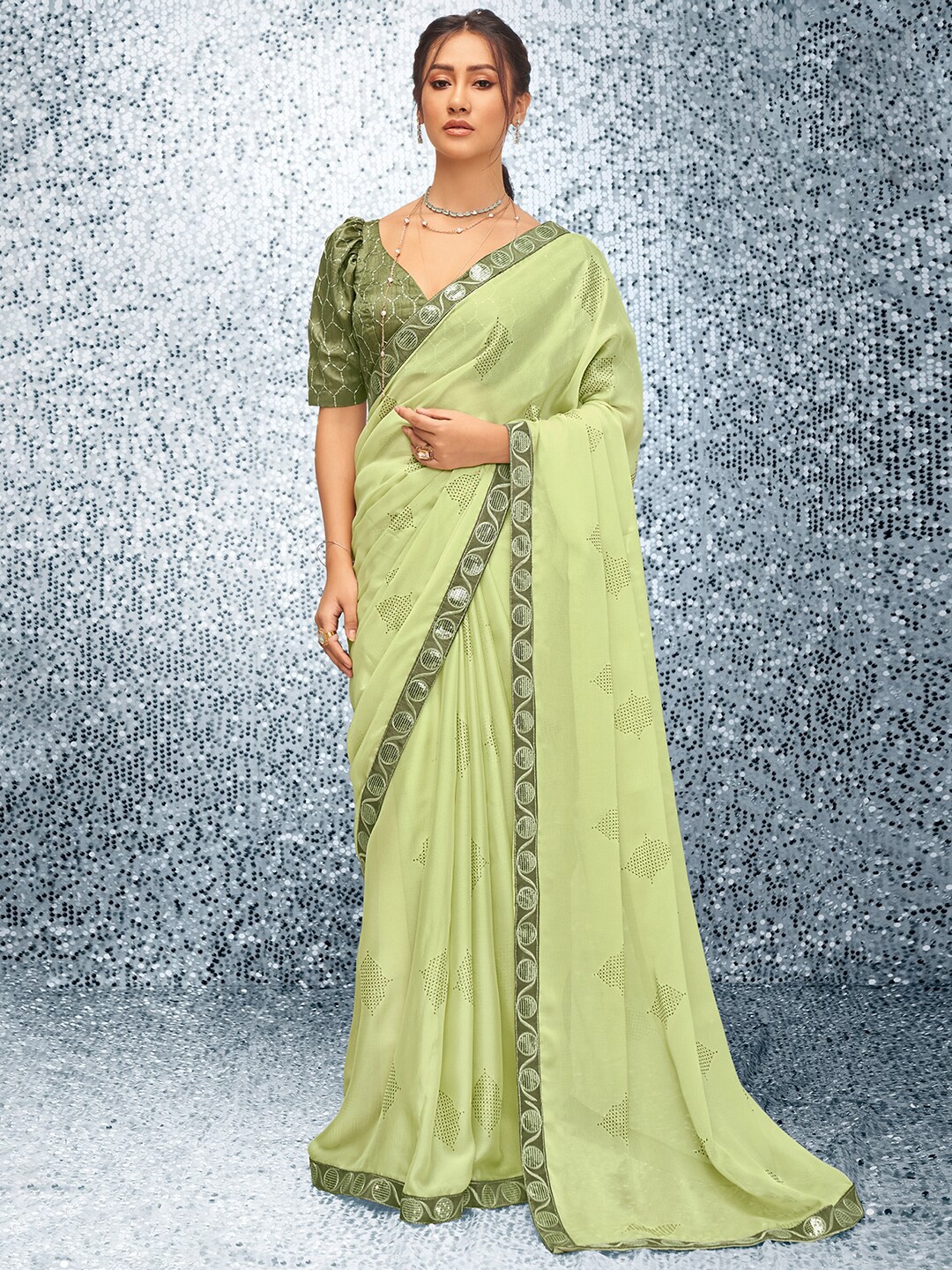 

Saree mall Green Embellished Satin Bagh Sarees