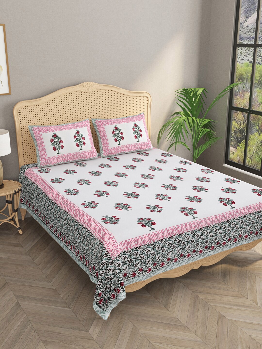 

Gulaab Jaipur White & Pink Floral 400 TC King Bedsheet with 2 Pillow Covers