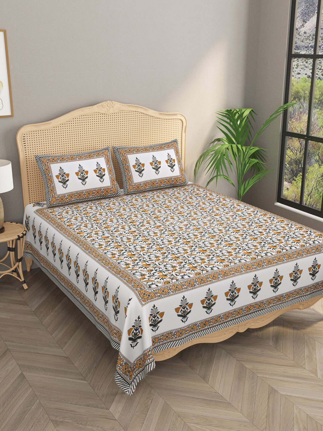 

Gulaab Jaipur White & Brown Floral 400 TC King Bedsheet with 2 Pillow Covers