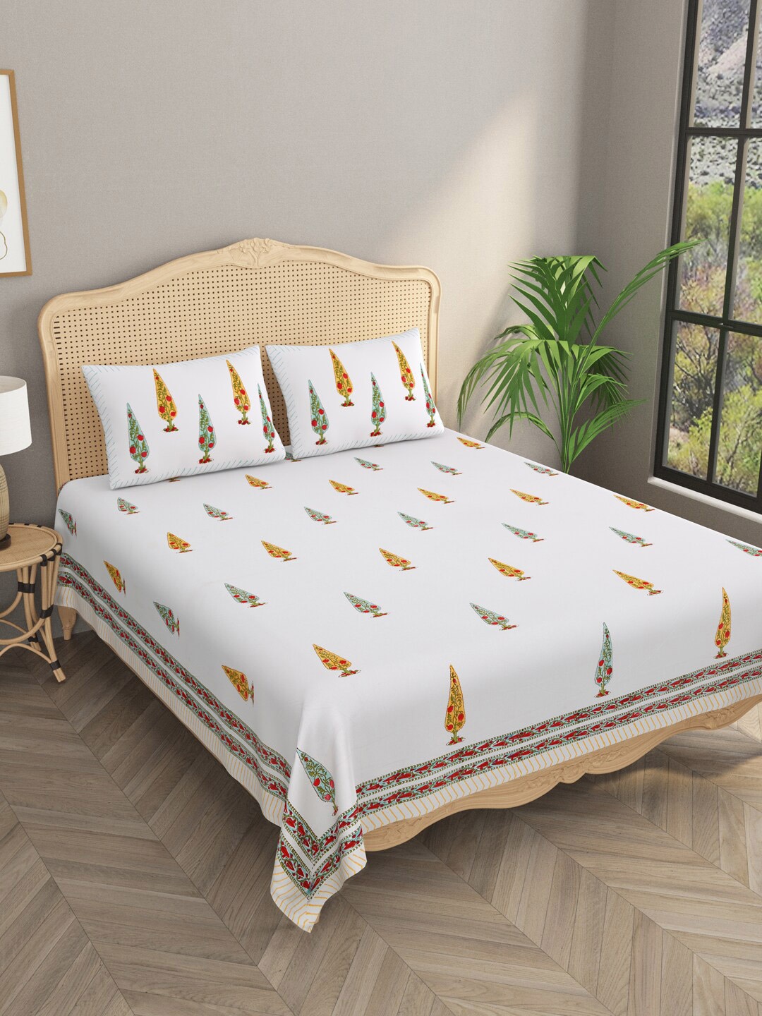 

Gulaab Jaipur White & Blue Cotton Floral 400 TC King Bedsheet with 2 Pillow Covers