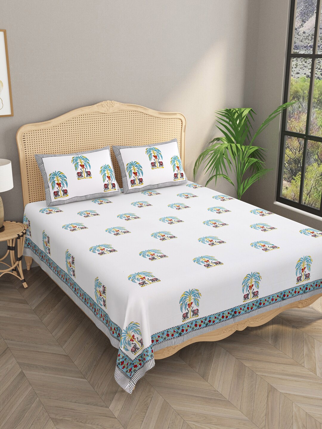 

Gulaab Jaipur White & Blue Cotton Ethnic Motifs 400 TC King Bedsheet with 2 Pillow Covers