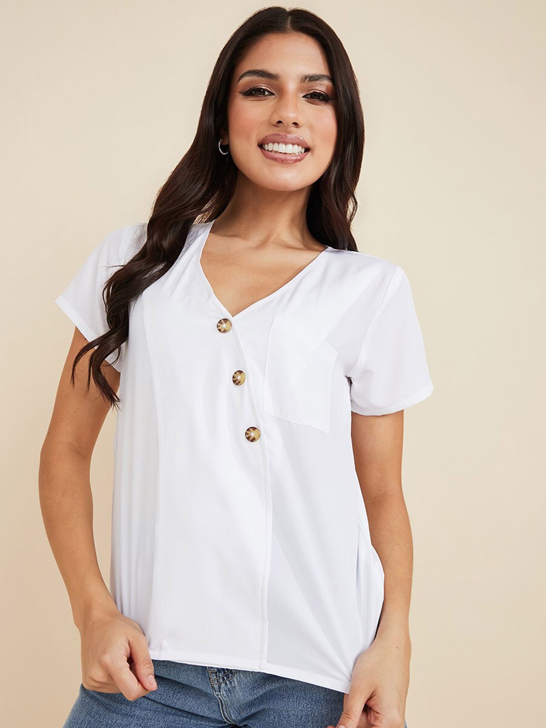 

Short Sleeves Asymmetric Front Button Detail Blouse, White