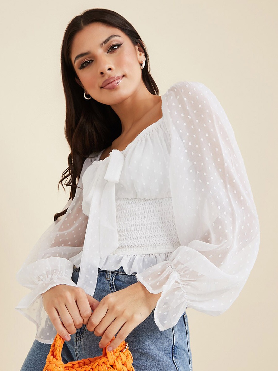 

Styli Sweetheart Neck Dobby Weave Empire Top, White