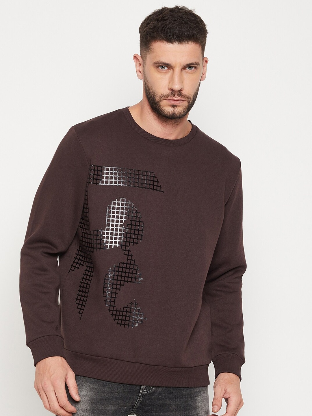 

EDRIO Men Coffee Brown Fleece Sweatshirt