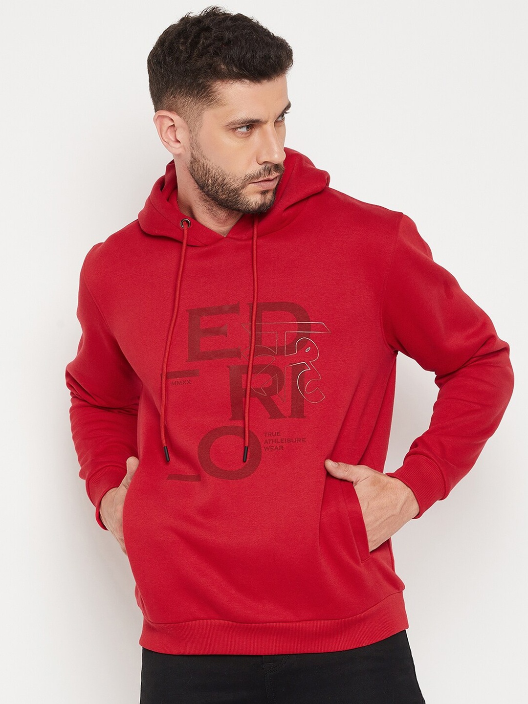 

EDRIO Men Red Printed Hooded Sweatshirt