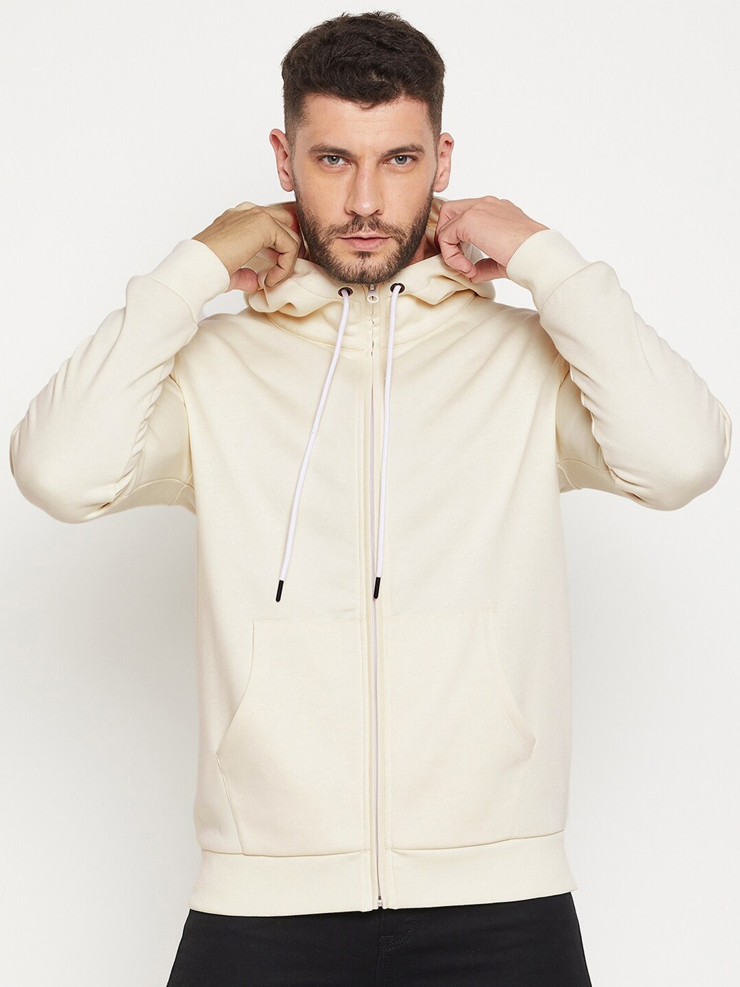 

EDRIO Men Off White Hooded Fleece Sweatshirt