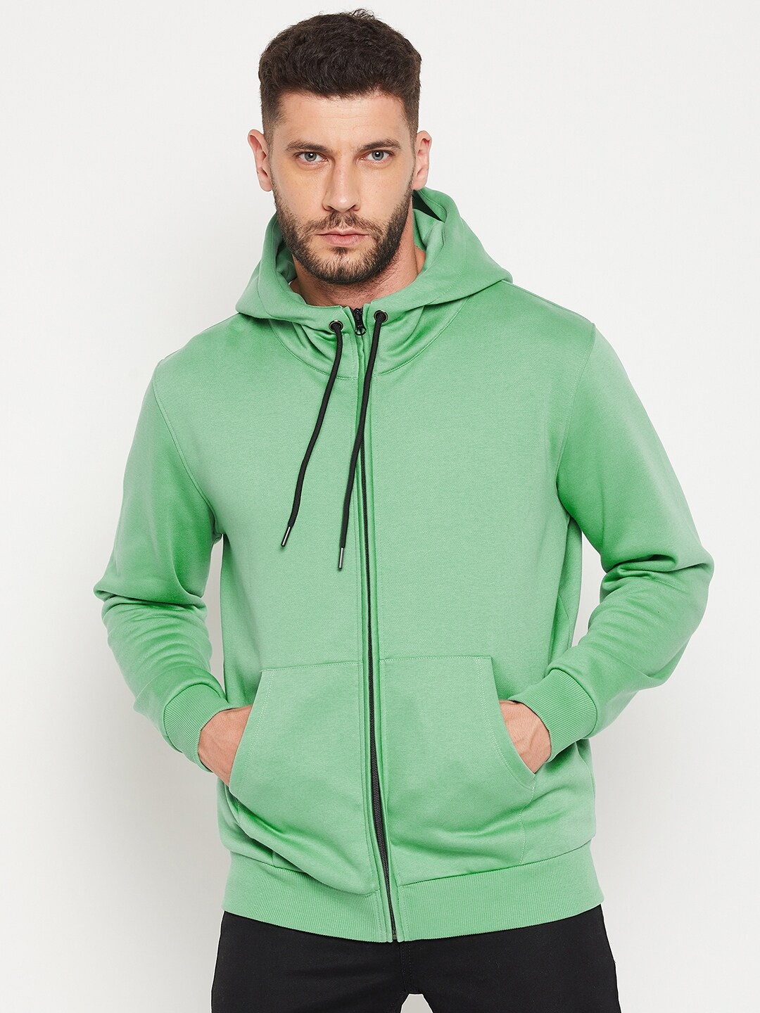 

EDRIO Men Green Hooded Fleece Sweatshirt