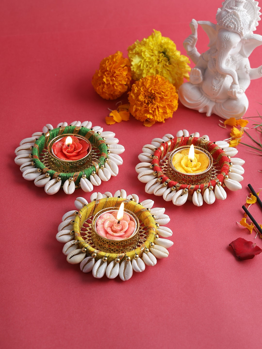 

Aapno Rajasthan Set of 3 Embellished Diya with Wax, Red