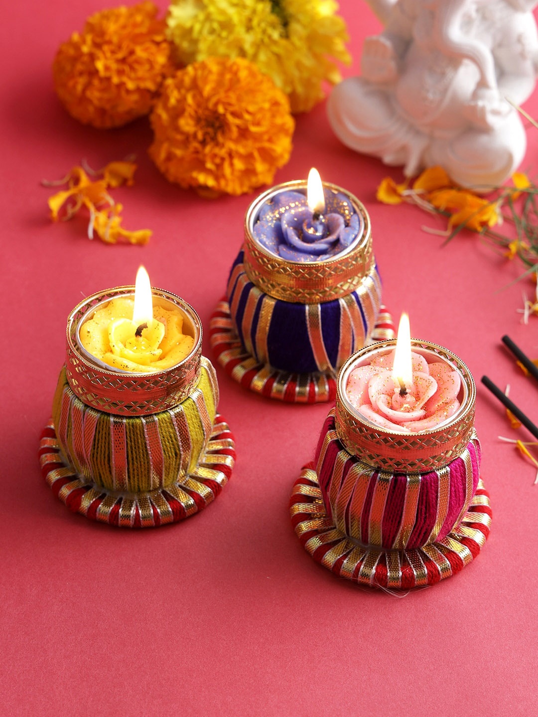 

Aapno Rajasthan Set of 3 Kalash Shape Wax Filled Diyas, Gold