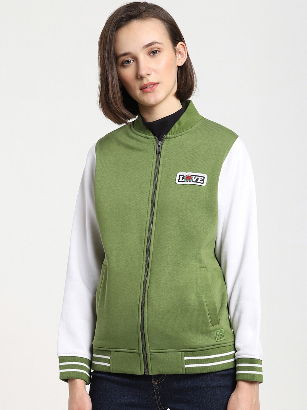 

Bewakoof Women Green & White Mock Collar Bomber Jacket