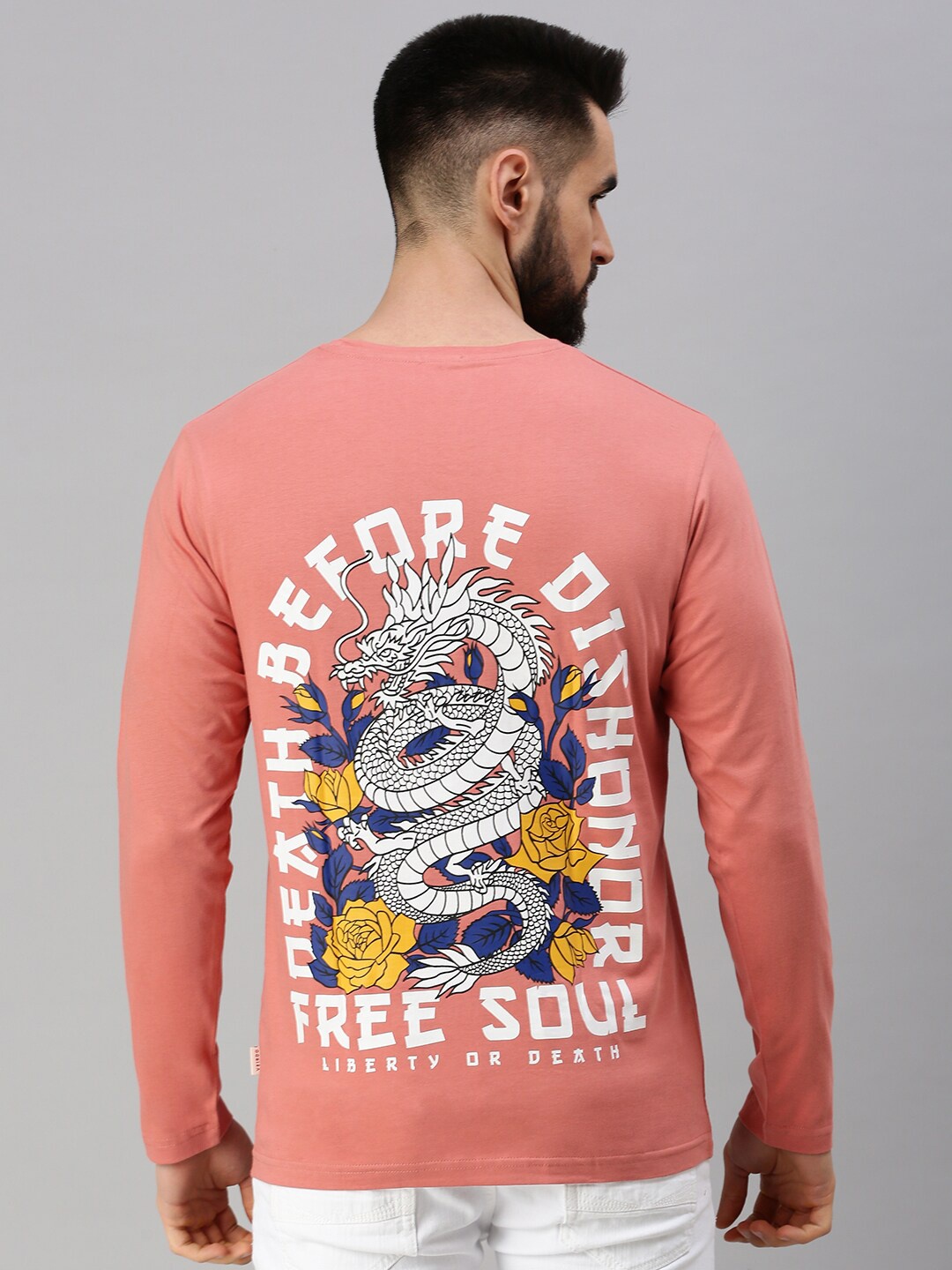 

VEIRDO Men Graphic Printed Cotton Regular Fit Full Sleeves T-shirt, Peach