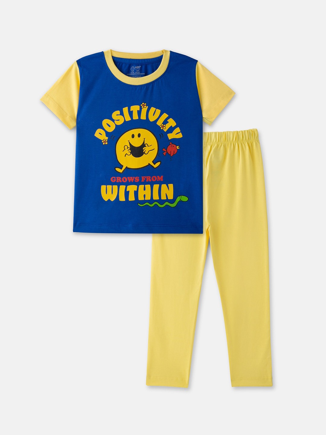 

Cuddles for Cubs Unisex Kids Blue & Yellow Printed Pure Cotton Night suit