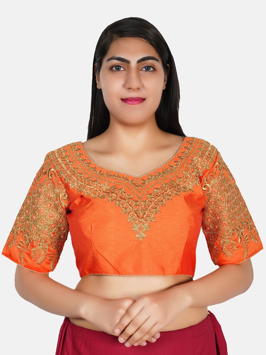 

Trendzmy Orange Embroidered Round Neck Saree Blouse