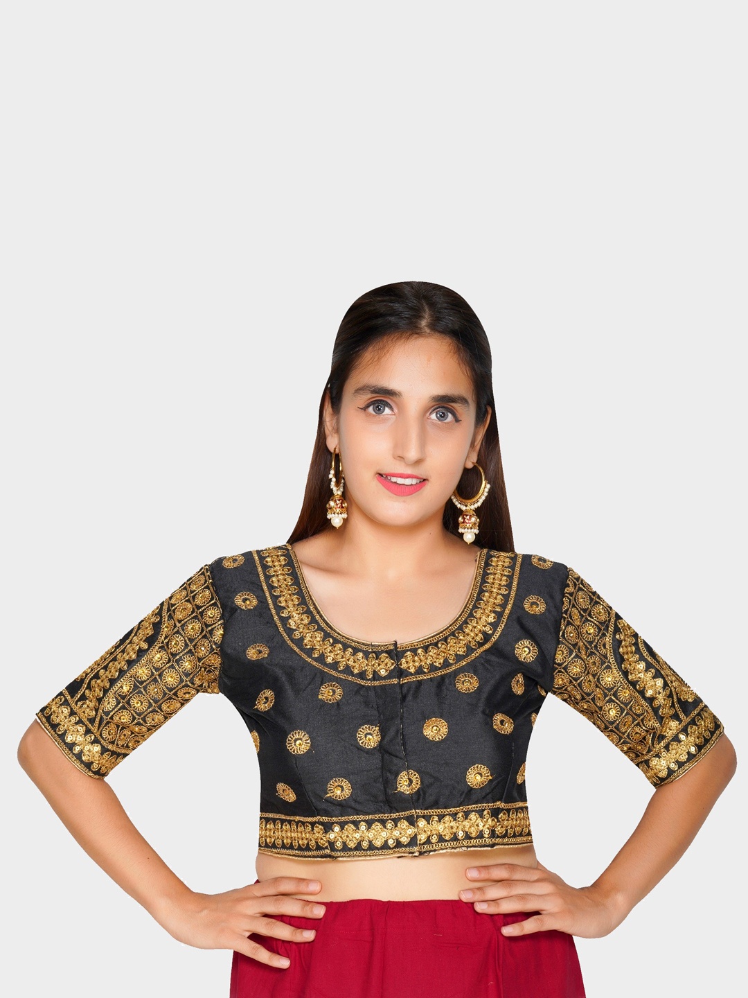 

Trendzmy Women Black & Gold-Color Thread Embroided Saree Blouse
