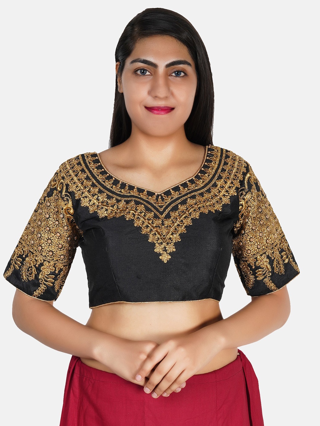 

Trendzmy Black & Gold-Coloured Embroidered Ready made Saree Blouse