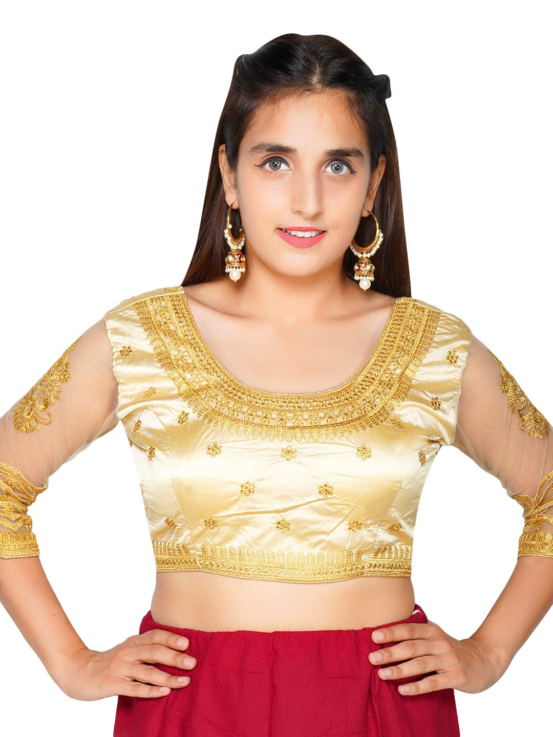 

Trendzmy Women Cream & Gold-Toned Embroidered Saree Blouse