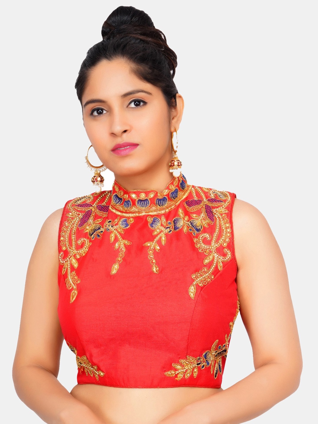 

Trendzmy Red Embroidered Band Collar Saree Blouse