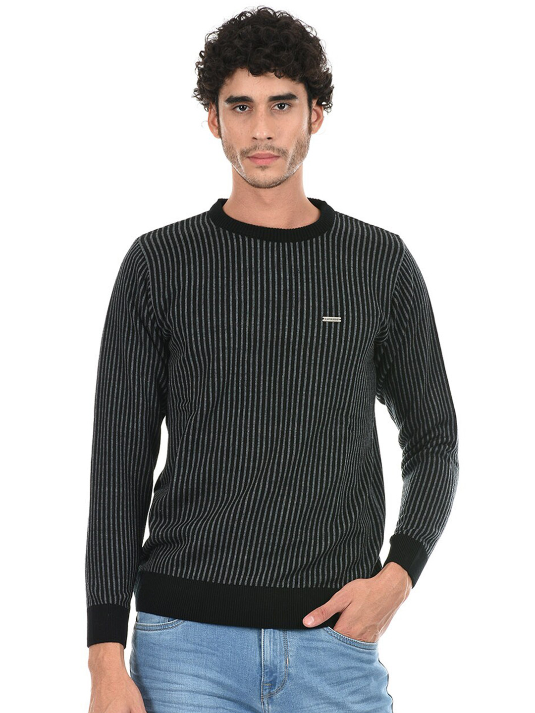 

Cloak & Decker by Monte Carlo Men Black & Grey Striped Pullover