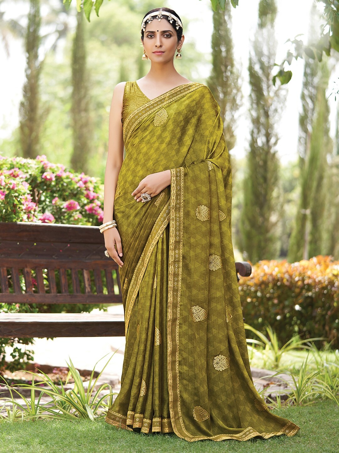 

Saree mall Olive Green & Gold Printed Pure Chiffon Bagru Sarees