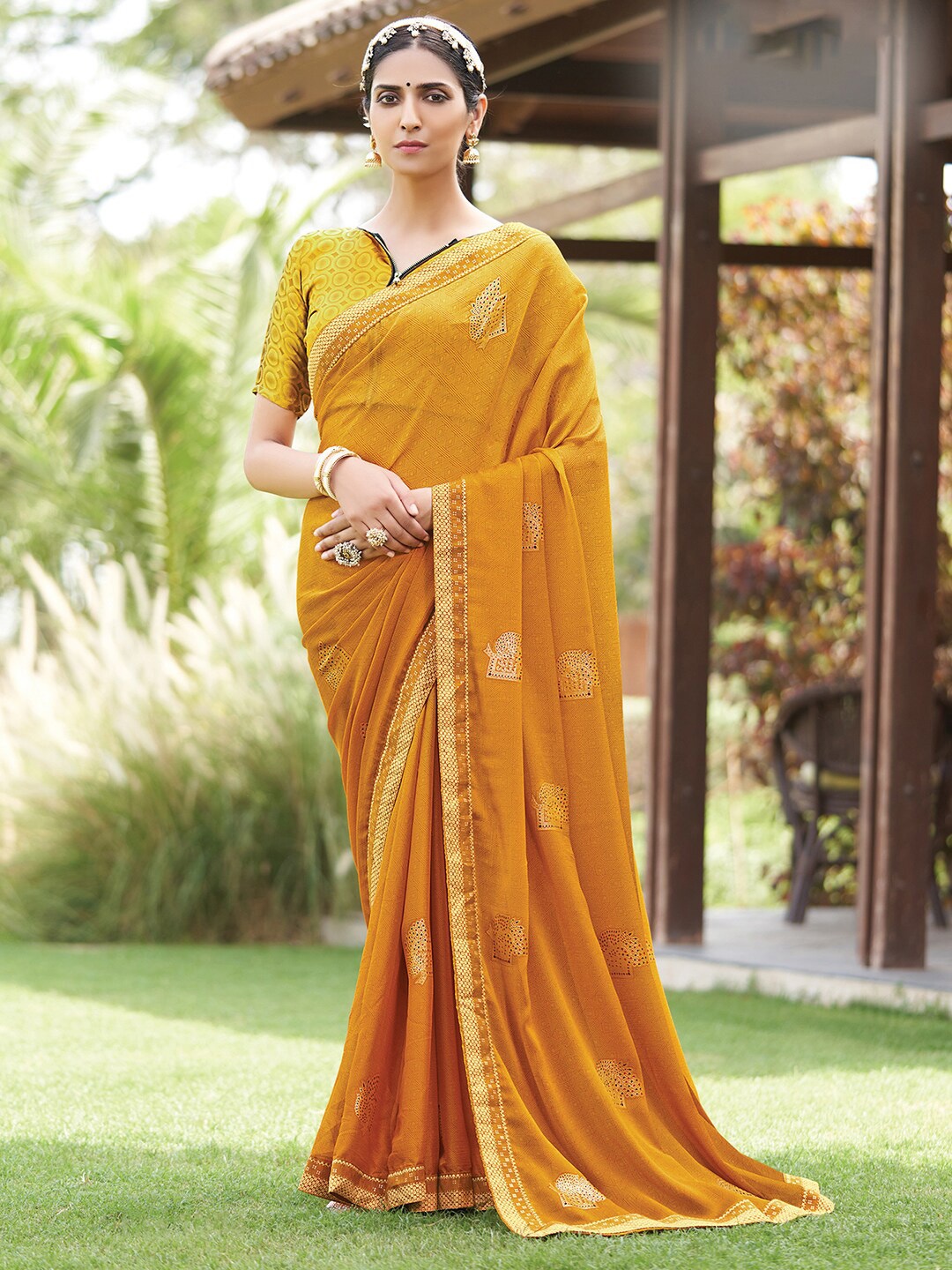 

Saree mall Mustard Ethnic Motifs Pure Chiffon Bagru Saree