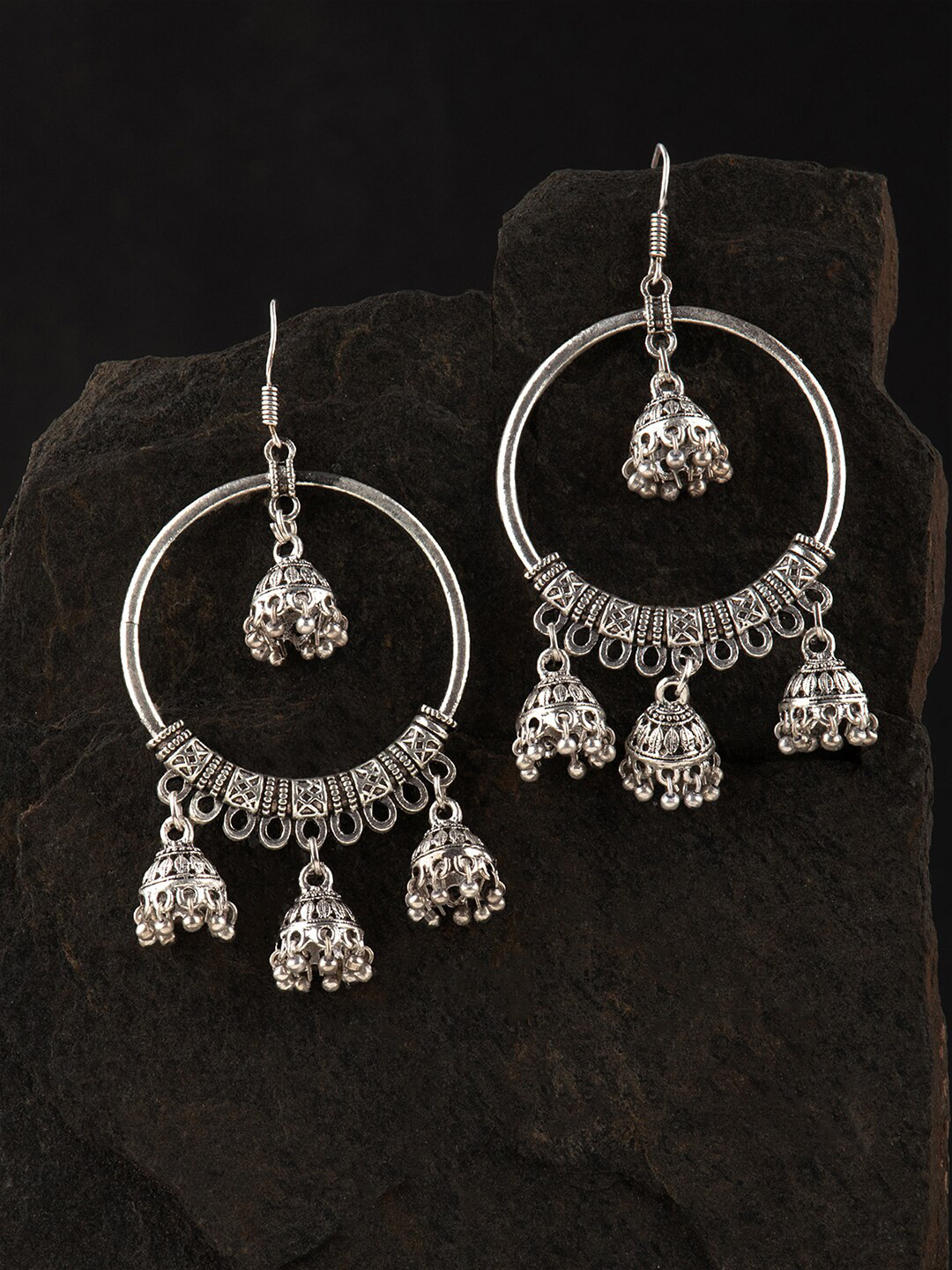 

Ozanoo Silver-Toned Circular Drop Earrings