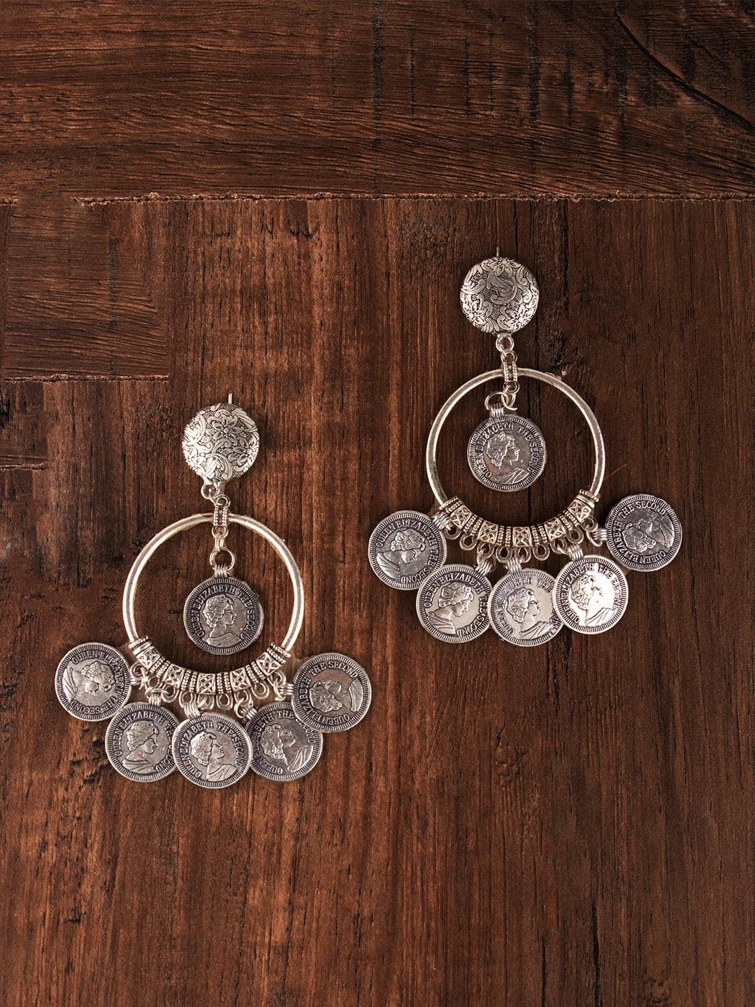 

Ozanoo Silver-Toned Circular Drop Earrings
