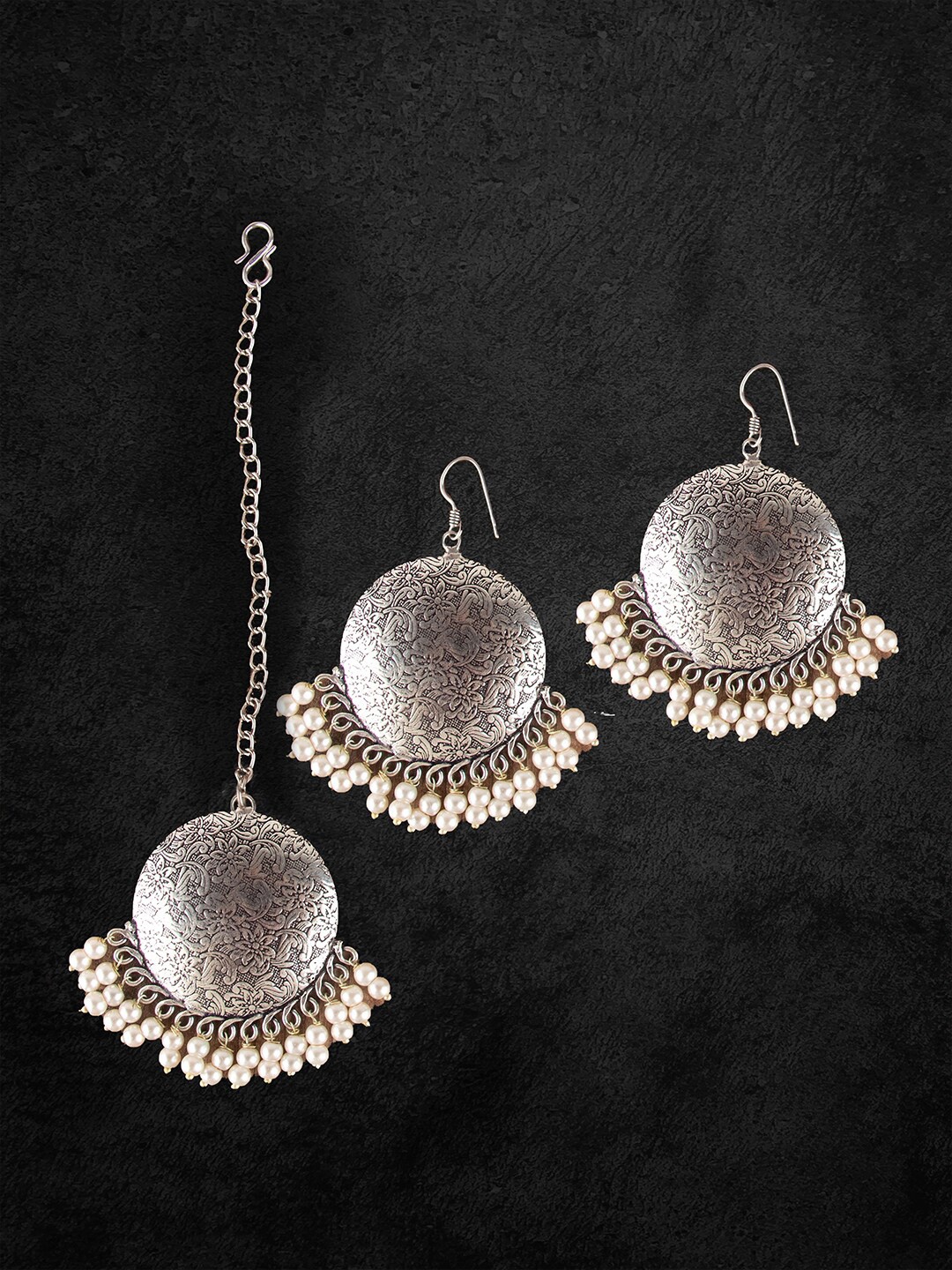 

Ozanoo Silver-Toned & White Circular Drop Earrings With Maang Tikka