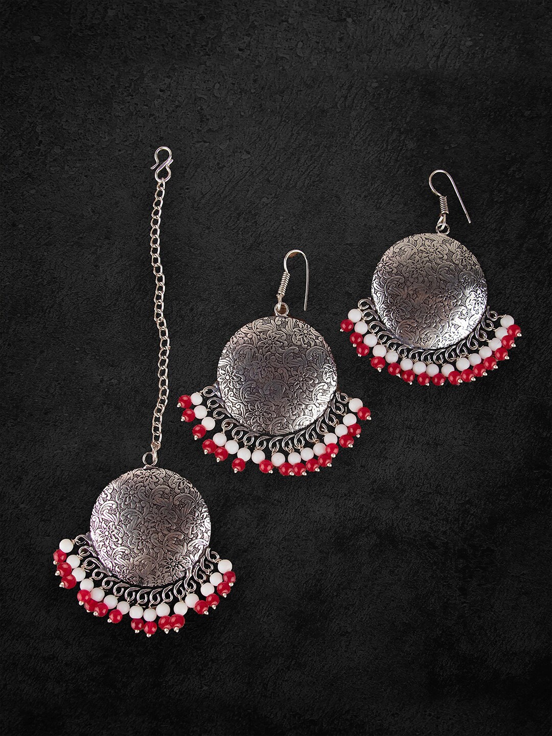 

Ozanoo Silver-Toned & White Circular Drop Earrings With Maang Tikka