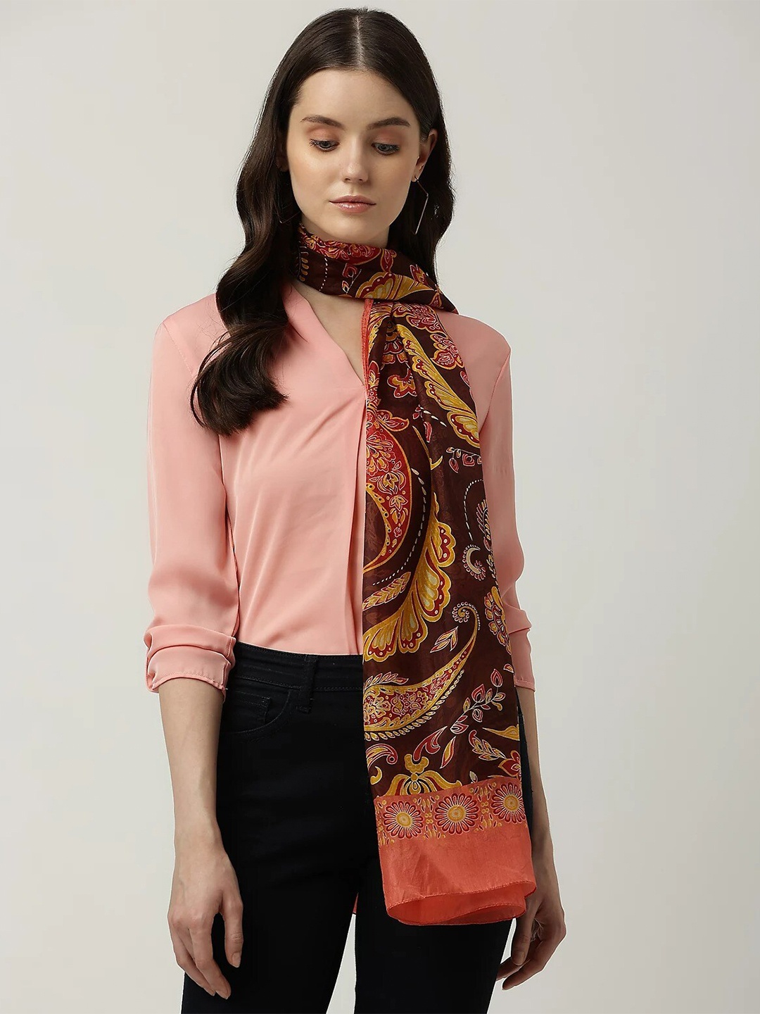 

Marks & Spencer Women Peach-Coloured & Brown Printed Scarf