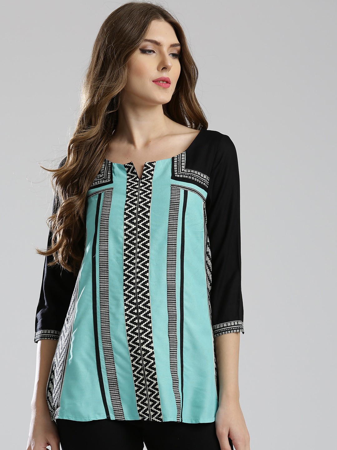 

W Women Blue & Black Printed A-Line Top