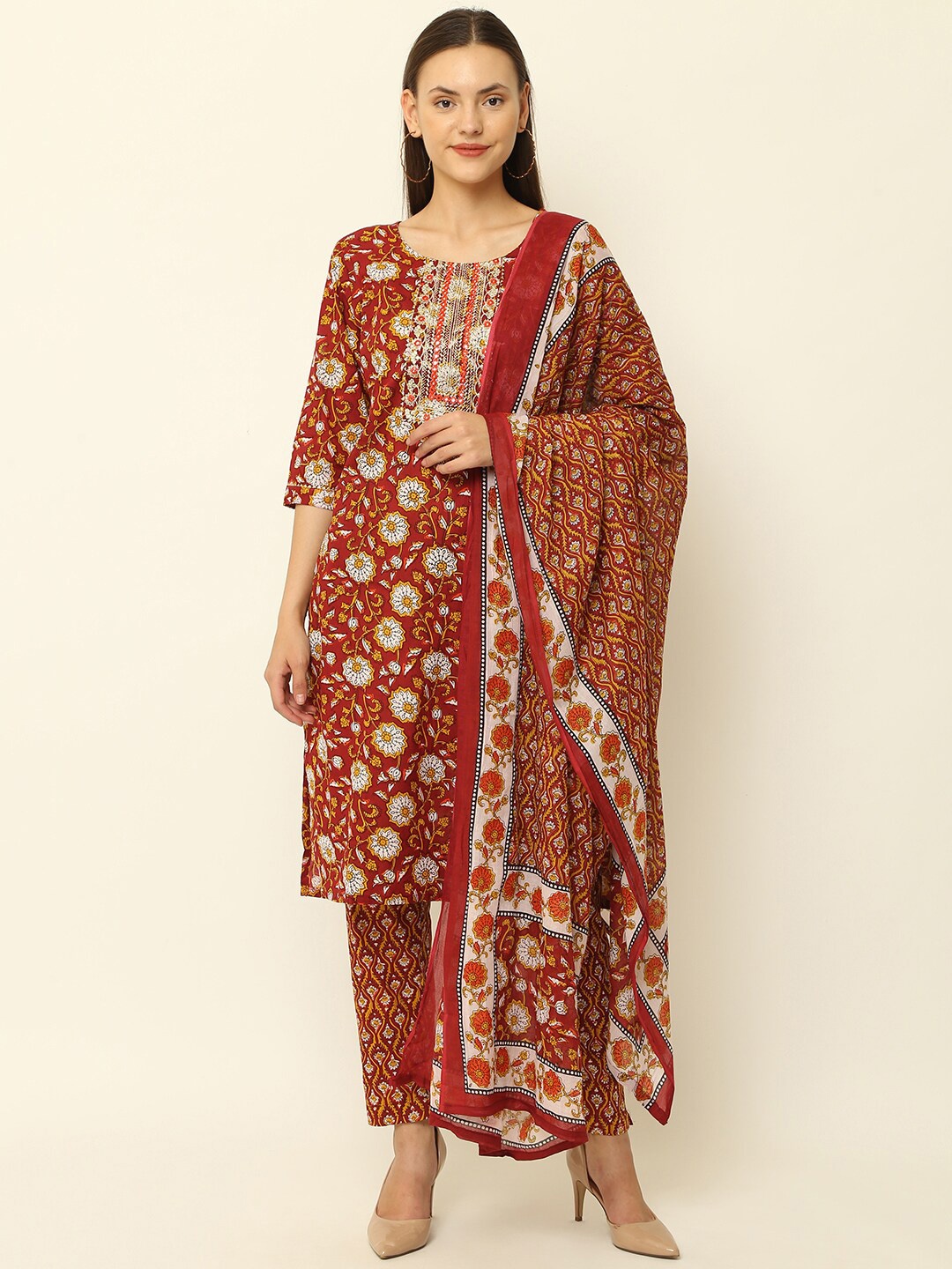 

Vastralay Women Maroon Floral Embroidered Pure Cotton Kurta with Trousers & Dupatta