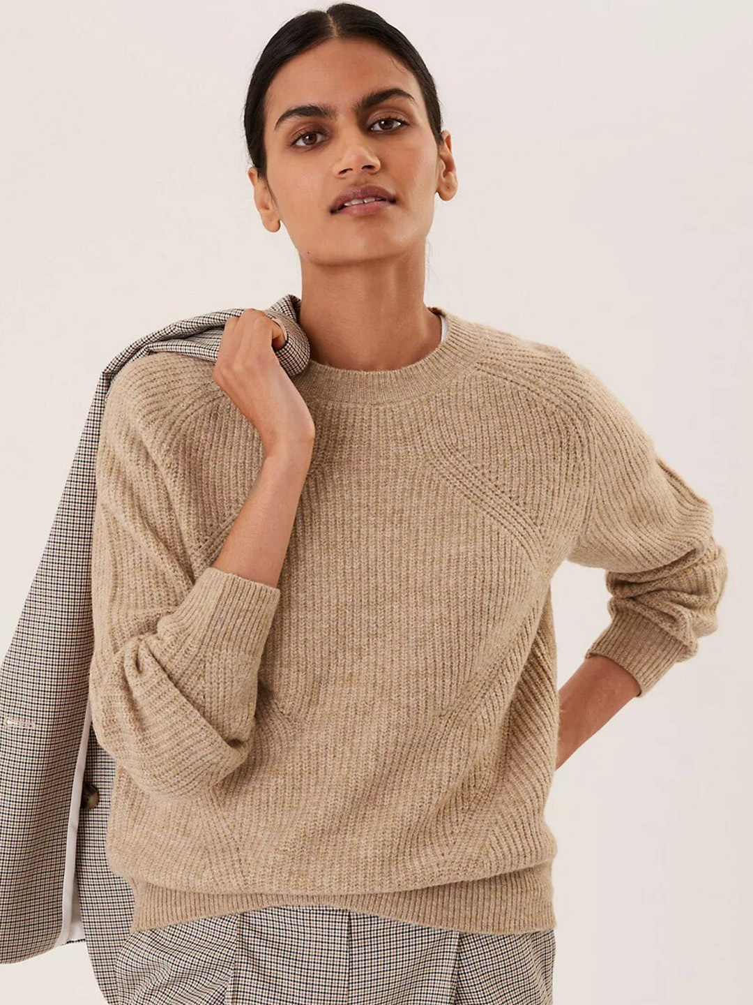 

Marks & Spencer Women Brown Ribbed Pullover Sweater