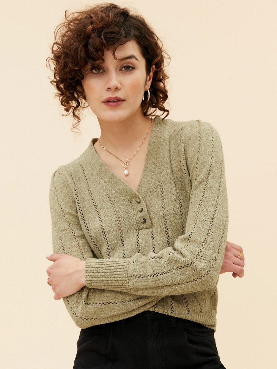 

Marks & Spencer Women Khaki Self Design Sweater