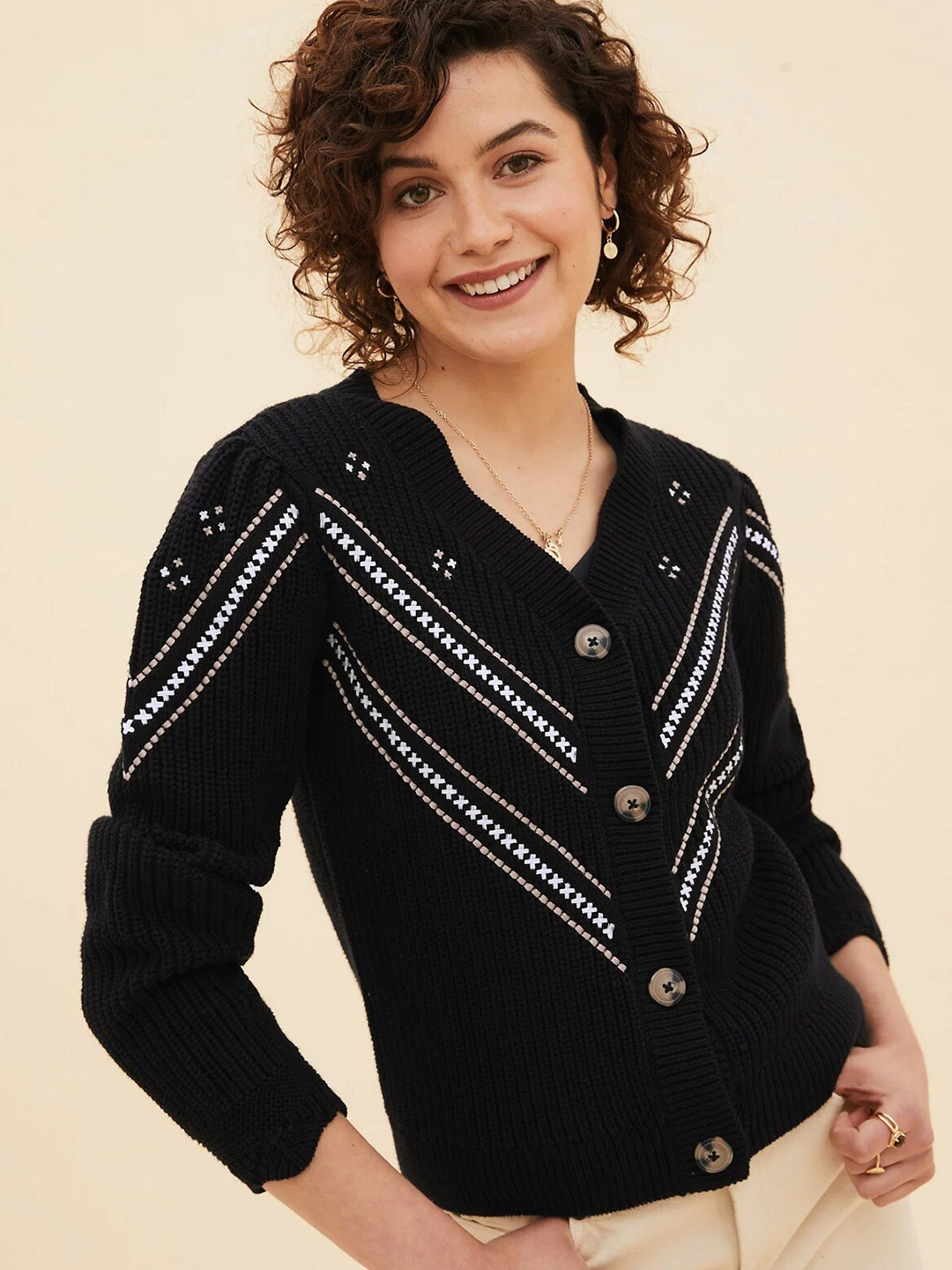 

Marks & Spencer Women Black & White Embroidered Pullover