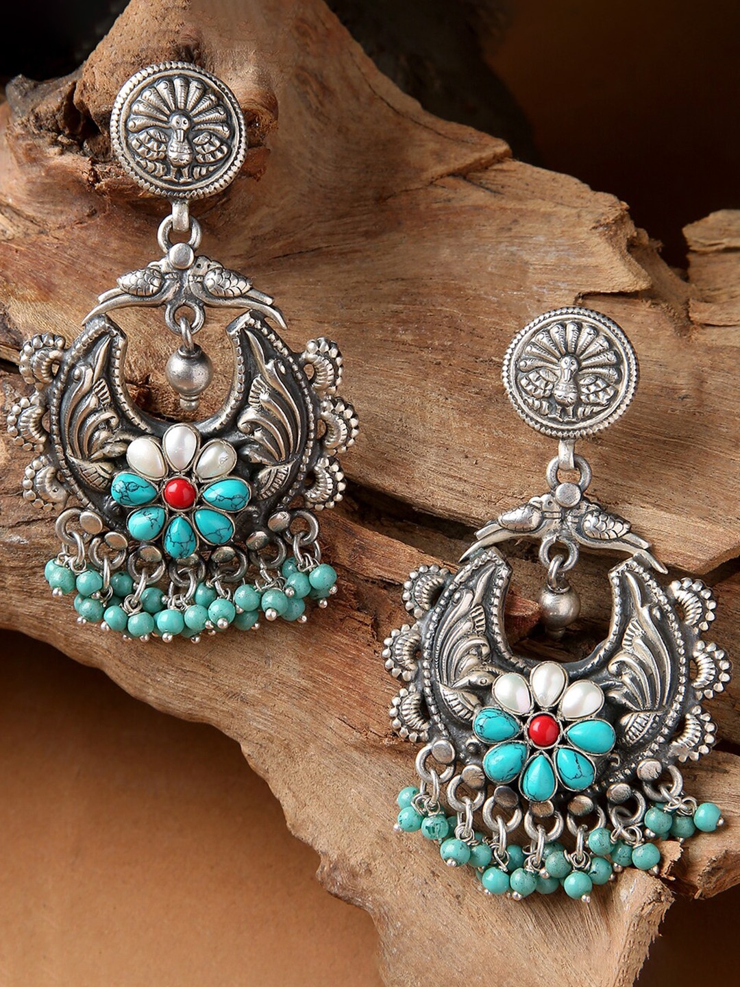 

ahilya 92.5 Sterling Silver Peacock Design Chandbalis Earrings