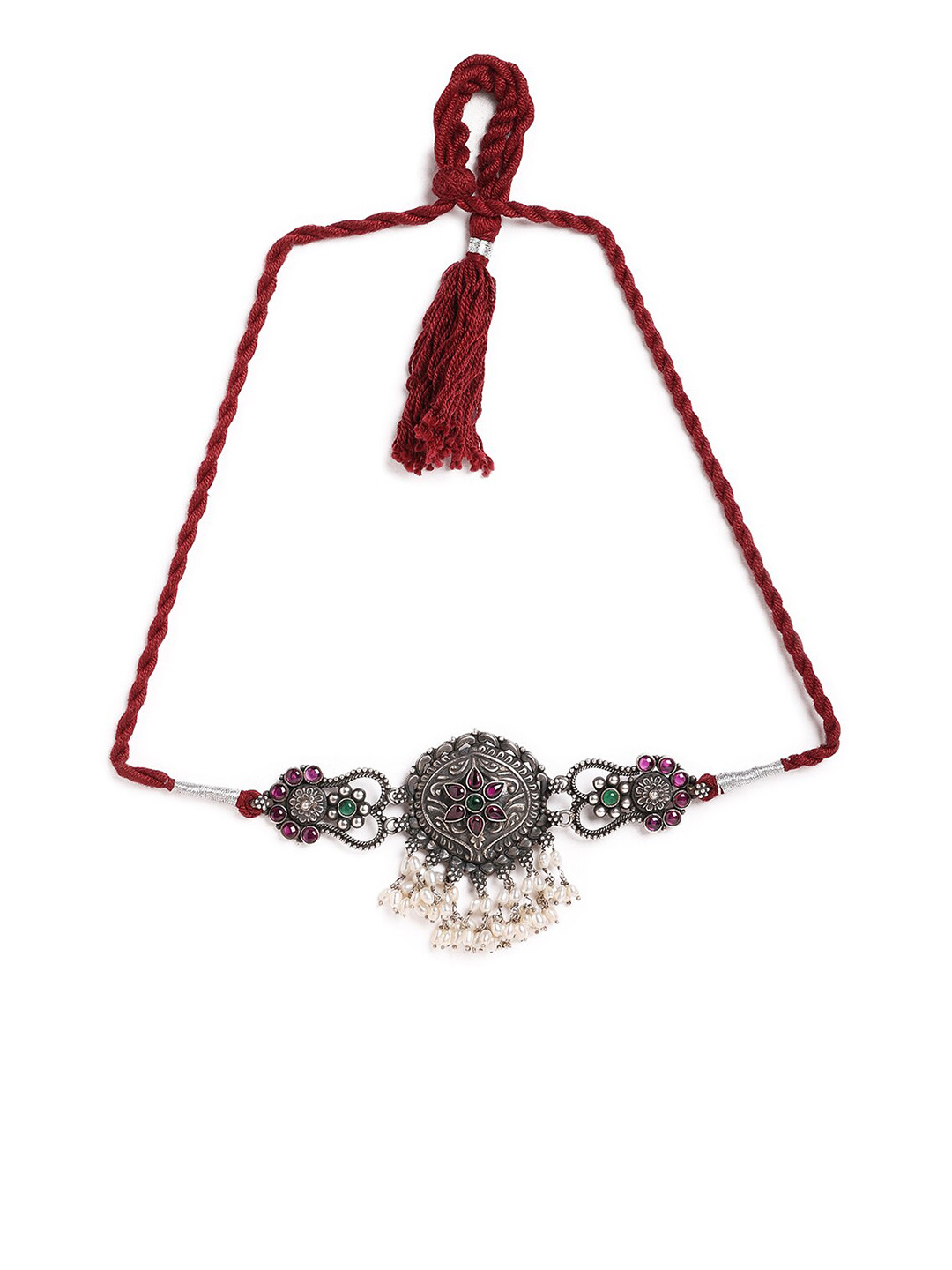 

ahilya Silver-Toned & Off White 92.5 Sterling Silver Oxidised Necklace