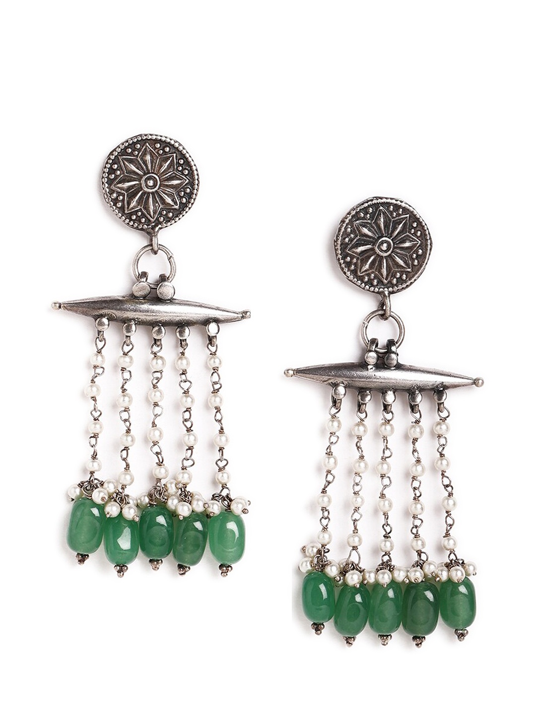 

ahilya Silver-Toned & Green 92.5 Sterling Silver Contemporary Drop Earrings