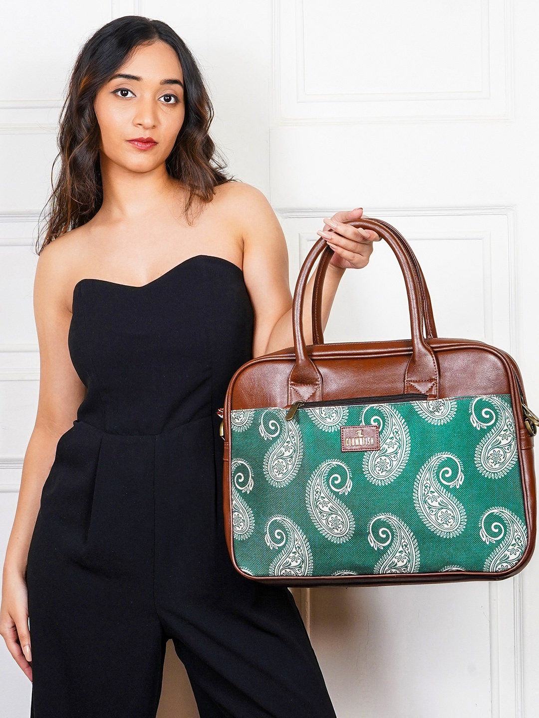 

THE CLOWNFISH Deborah Unisex Brown & Green Printed Messenger Bag