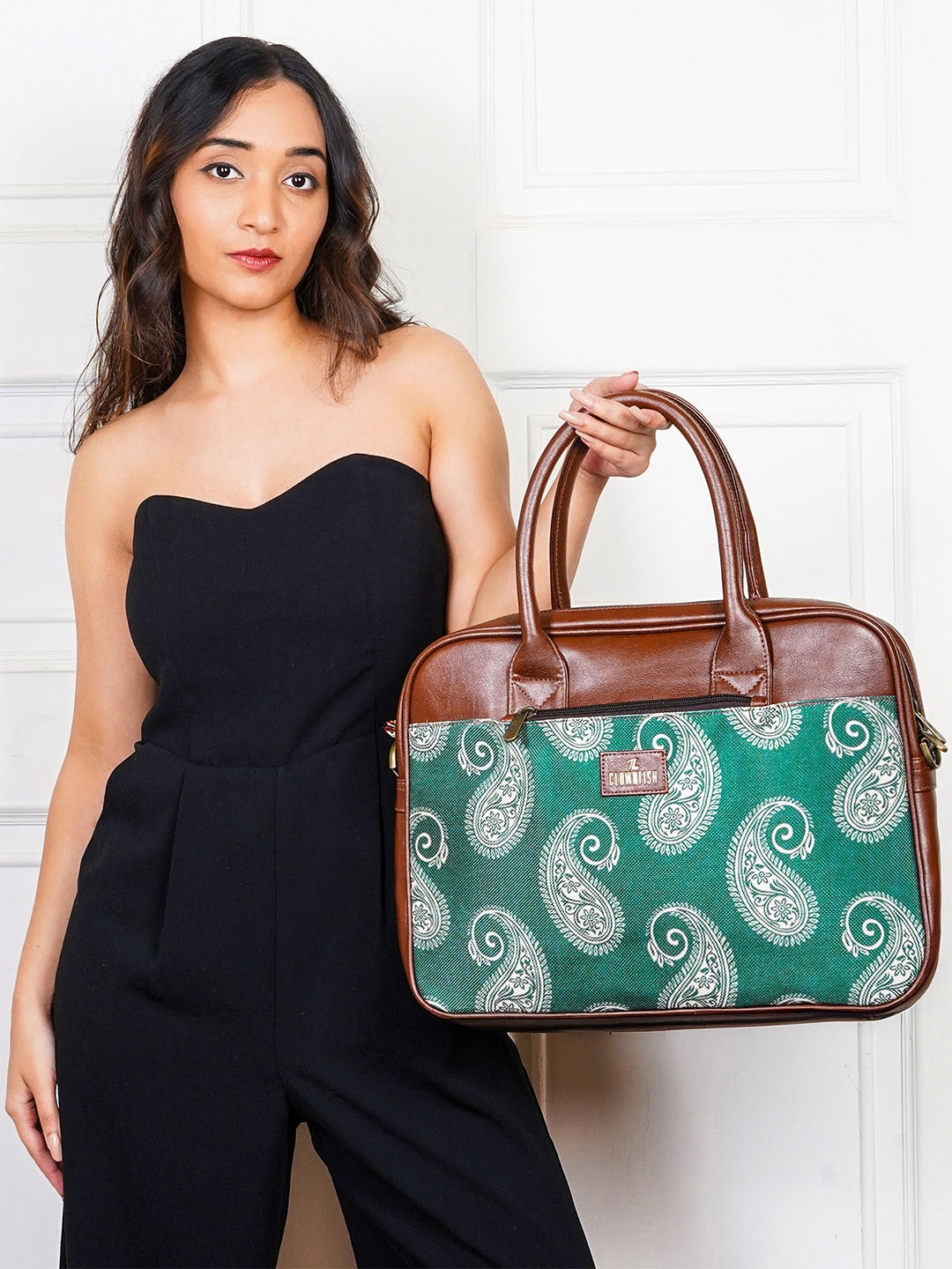 

THE CLOWNFISH Unisex Deborah Brown and Green Printed Messenger Bag