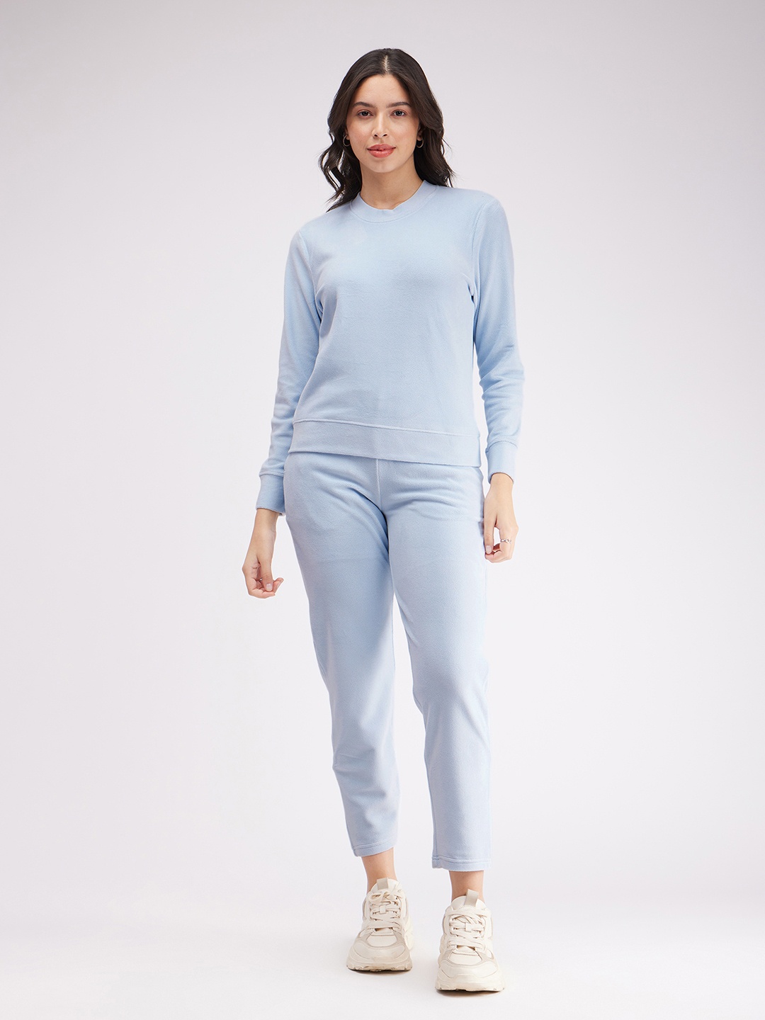 

FableStreet Women Blue Solid Velour Round Neck Tracksuits