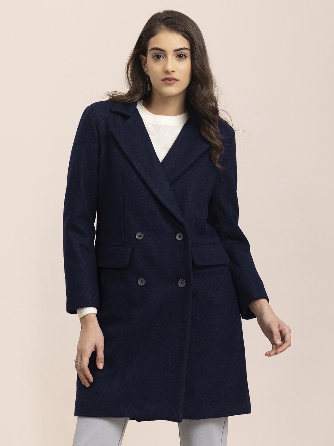 

FableStreet Women Navy Blue Solid Winter Coat