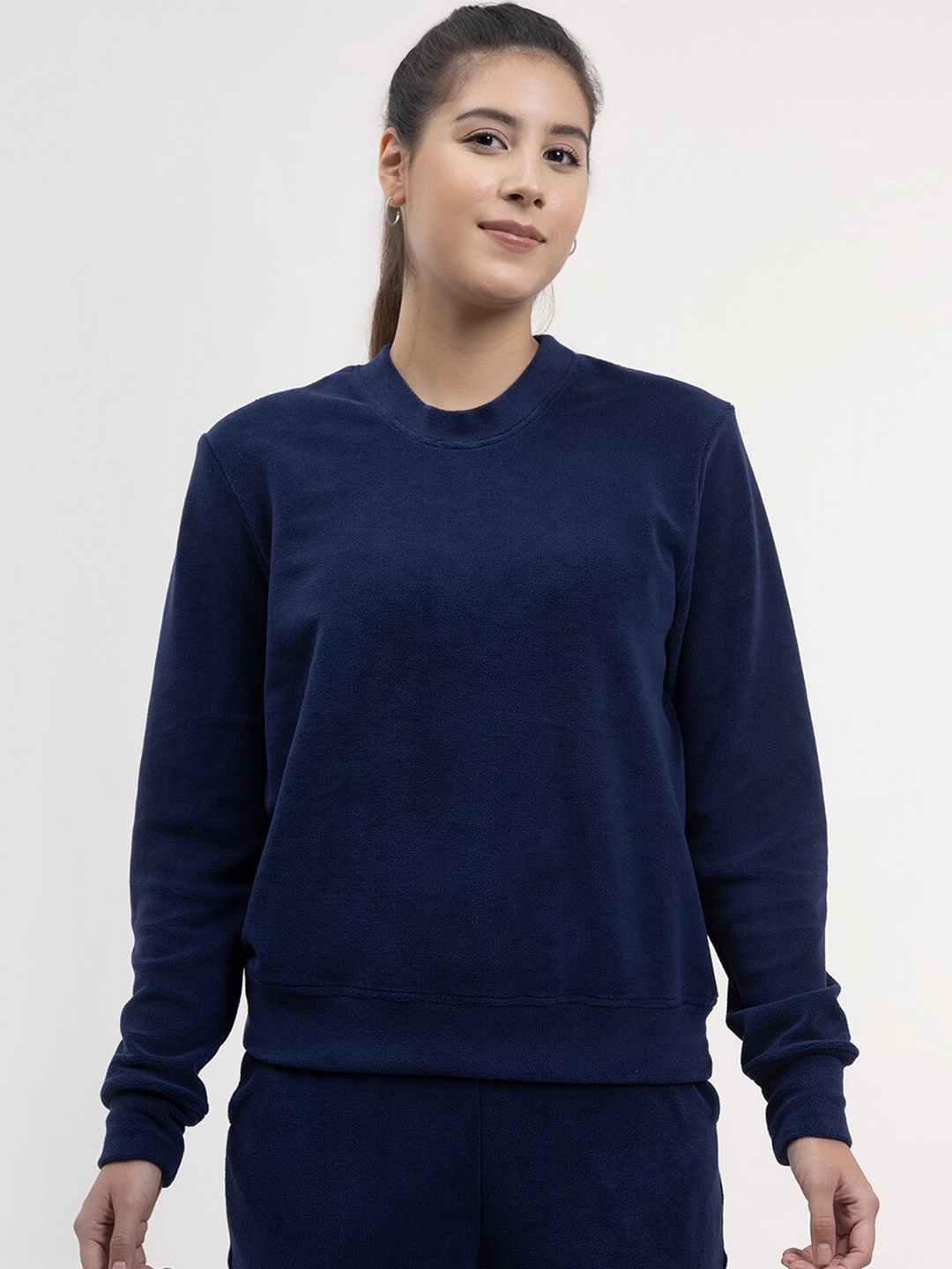 

FableStreet Women Navy Blue Solid Velour Sweatshirt
